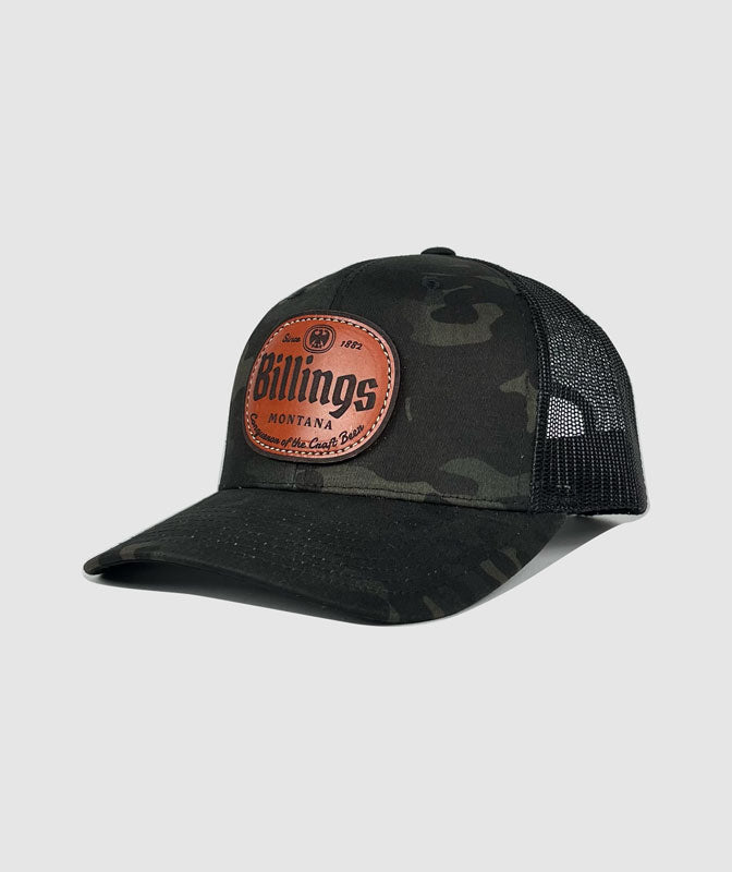 Billings Craft Beer Leather Patch Hat ~ Black Camo