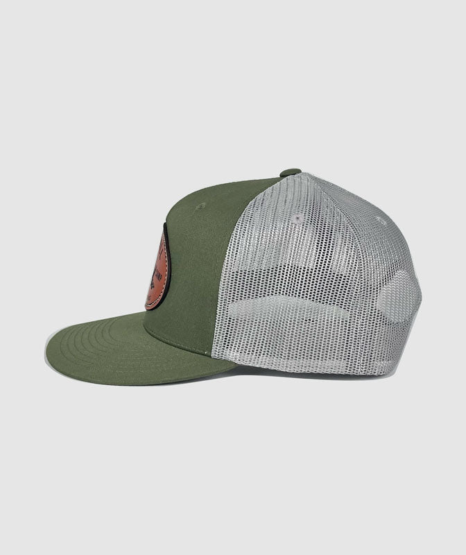 Icon Elk Camp Trucker Leather Patch Hat ~ Olive / Grey