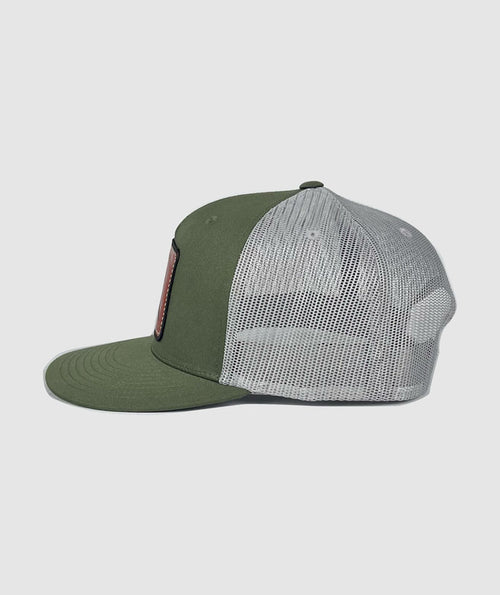 Great Divide Trucker Leather Patch Hat ~ Olive / Grey