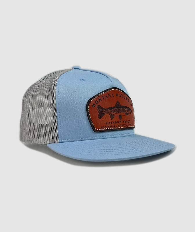 Icon Rainbow Trucker Leather Patch Hat ~ Light Blue / Grey