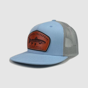 Icon Rainbow Trucker Leather Patch Hat ~ Light Blue / Grey