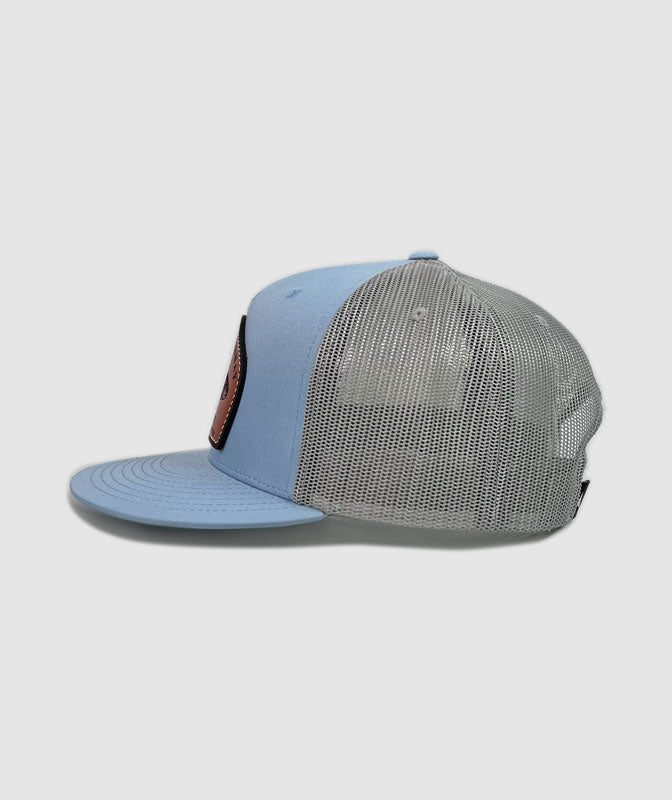 Icon Rainbow Trucker Leather Patch Hat ~ Light Blue / Grey
