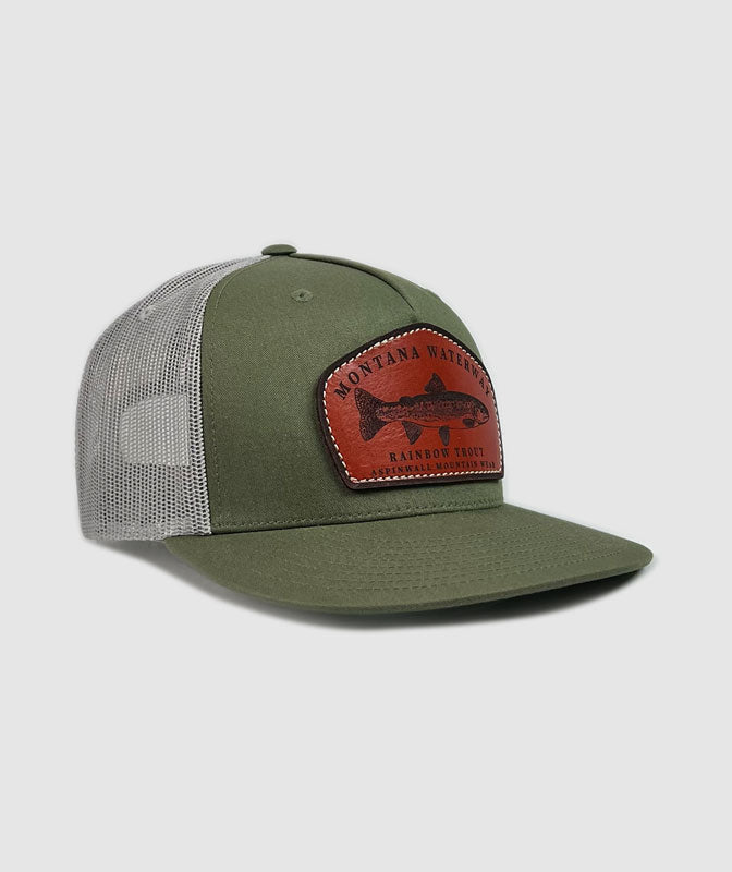 Icon Rainbow Trucker Leather Patch Hat ~ Olive / Grey