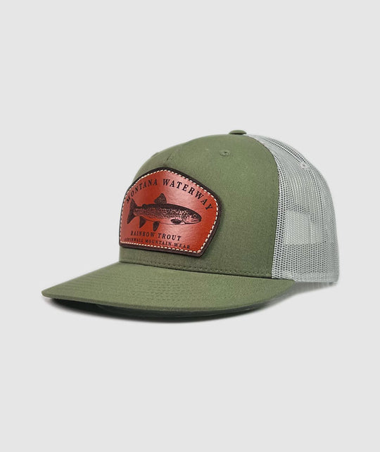 Icon Rainbow Trucker Leather Patch Hat ~ Olive / Grey