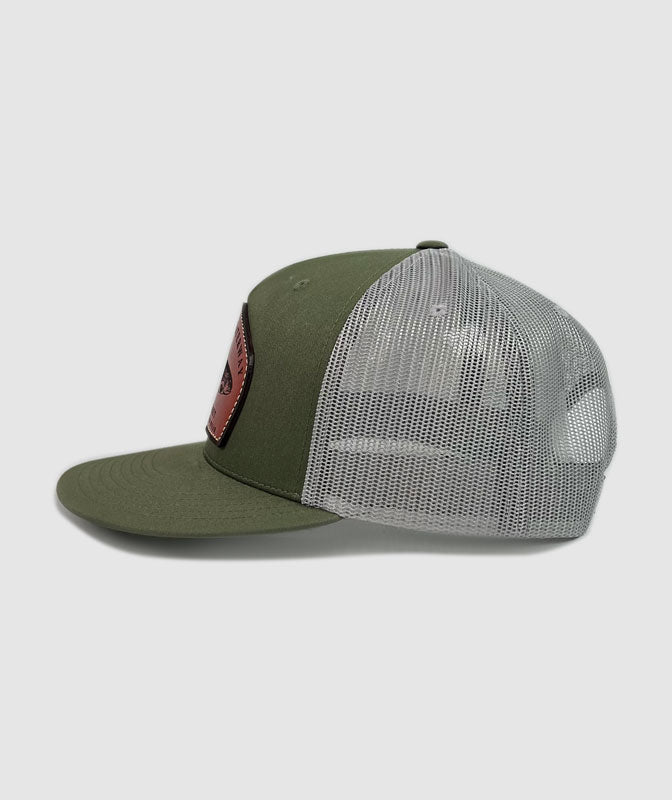 Icon Rainbow Trucker Leather Patch Hat ~ Olive / Grey