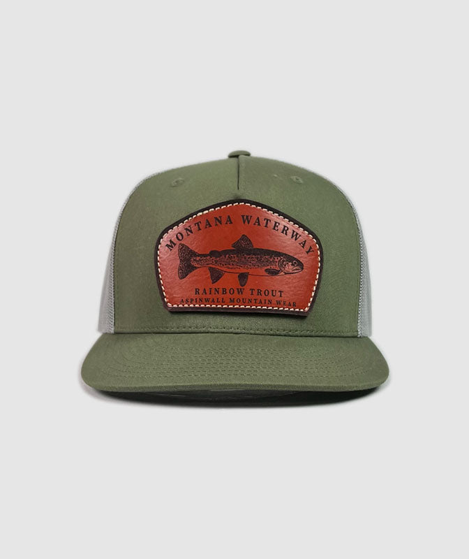 Icon Rainbow Trucker Leather Patch Hat ~ Olive / Grey