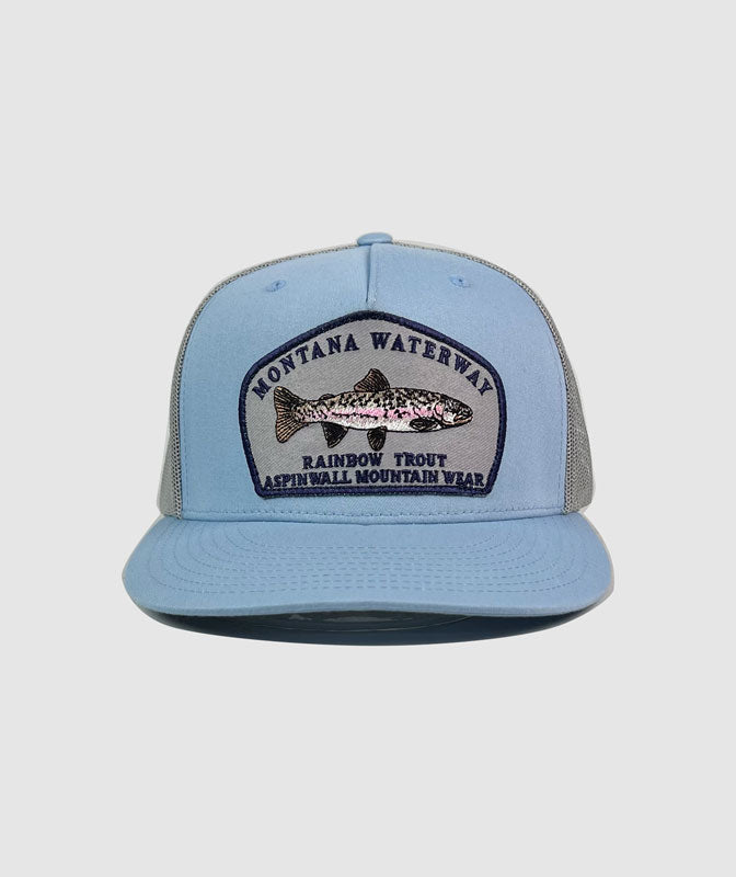 Rainbow Trout Icon Trucker Patch Hat ~ Light Blue / Grey