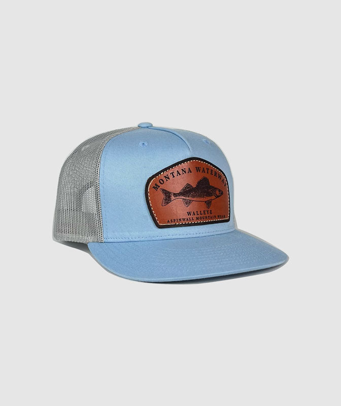 Icon Walleye Trucker Leather Patch Hat ~ Glacier Blue / Grey