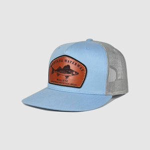 Icon Walleye Trucker Leather Patch Hat ~ Glacier Blue / Grey