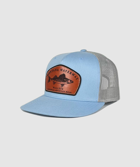 Icon Walleye Trucker Leather Patch Hat ~ Glacier Blue / Grey