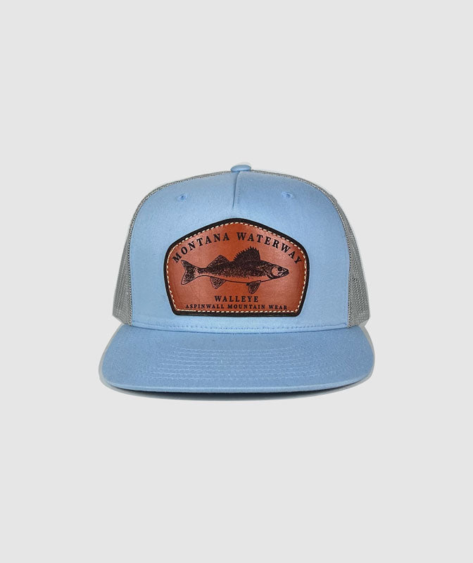 Icon Walleye Trucker Leather Patch Hat ~ Glacier Blue / Grey