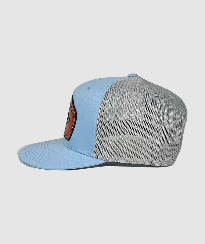 Icon Walleye Trucker Leather Patch Hat ~ Glacier Blue / Grey