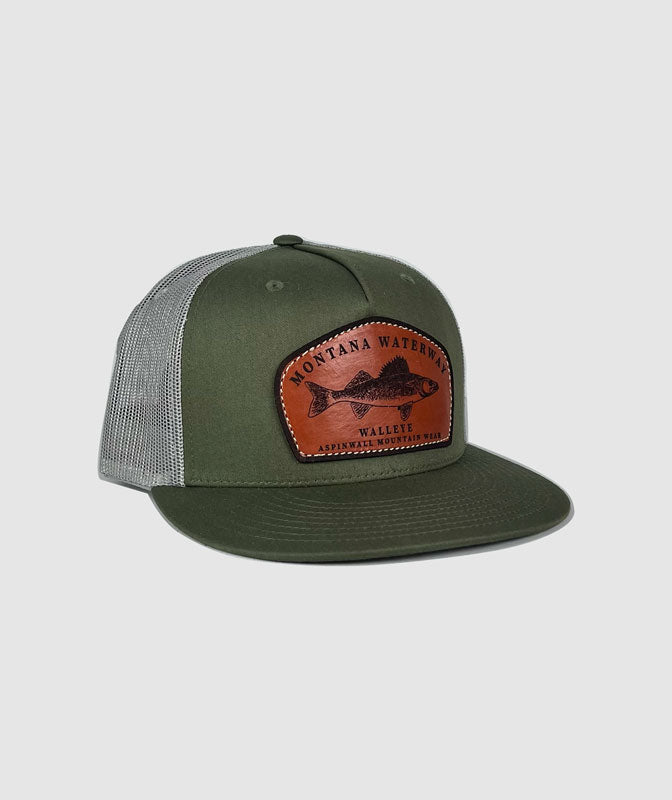 Icon Walleye Trucker Leather Patch Hat ~ Olive / Grey
