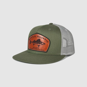Icon Walleye Trucker Leather Patch Hat ~ Olive / Grey