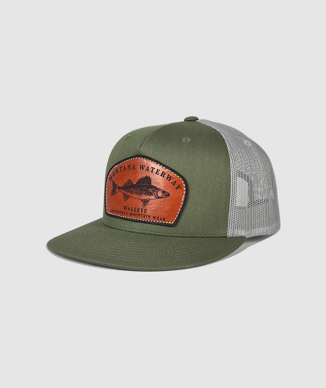 Walleye Trucker Leather Patch Hat ~ Olive / Grey