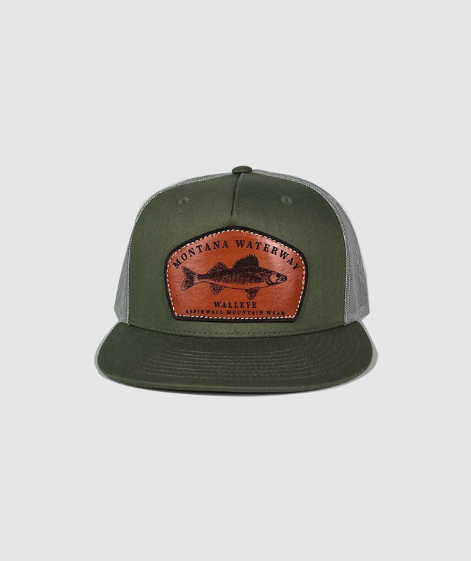 Icon Walleye Trucker Leather Patch Hat ~ Olive / Grey