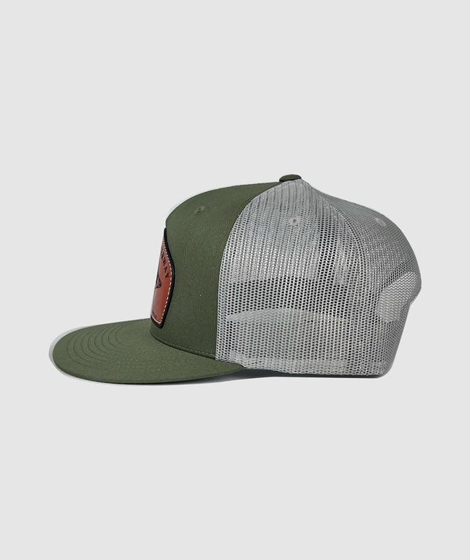 Icon Walleye Trucker Leather Patch Hat ~ Olive / Grey