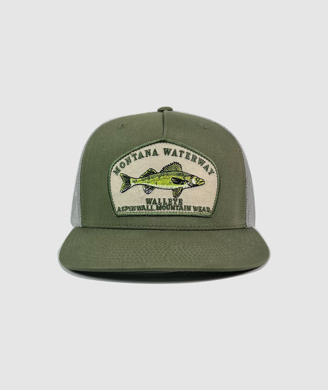 Walleye Icon Trucker Patch Hat ~ Olive / Grey